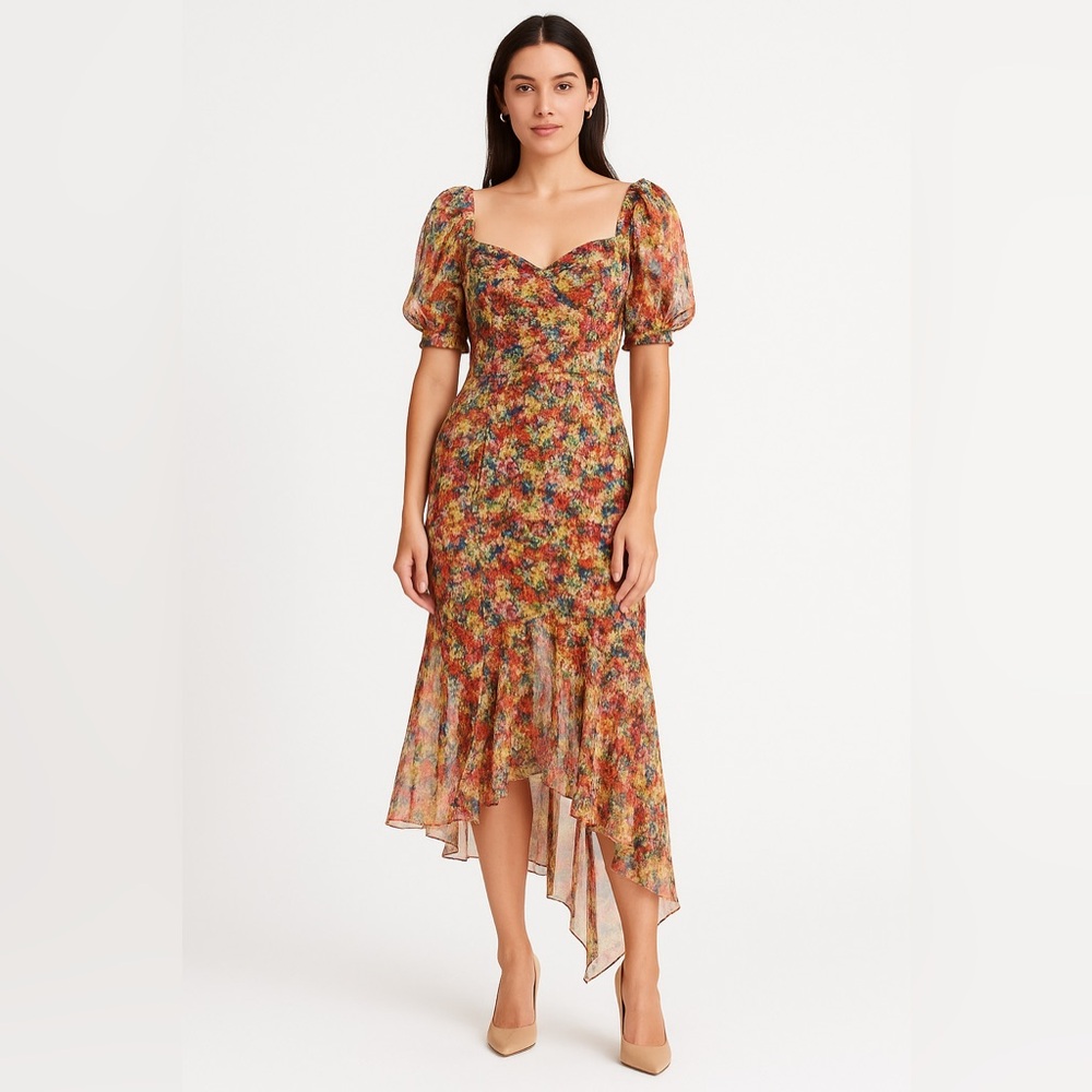 Marchesa Notte Floral Print Midi Dress Size 4 Ruffle Puff Sleeve NWT
